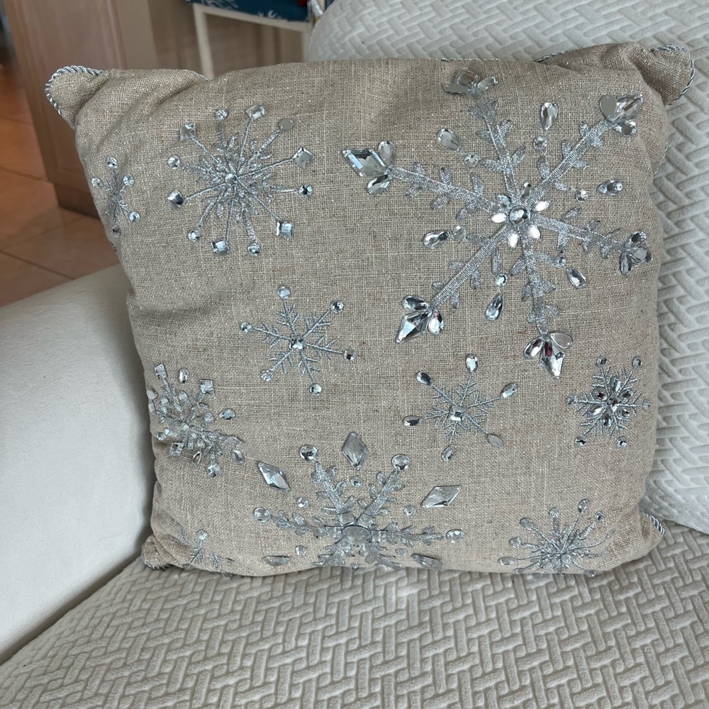 Pier 1 Tan Pillow with Silver Snowflakes